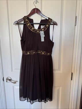 Vintage Cache NWT size 10 Embellished Dark Brown Cocktail Dress with Gold Accent